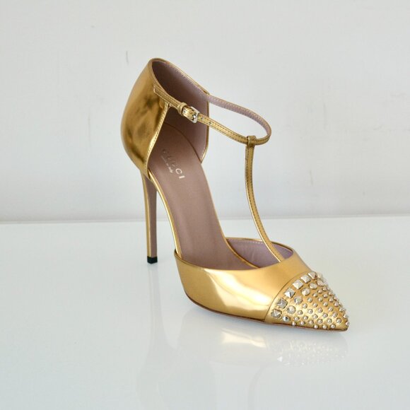 COPY - NIB GUCCI STUDDED T-STRAP METALLIC LEATHER PUMPS